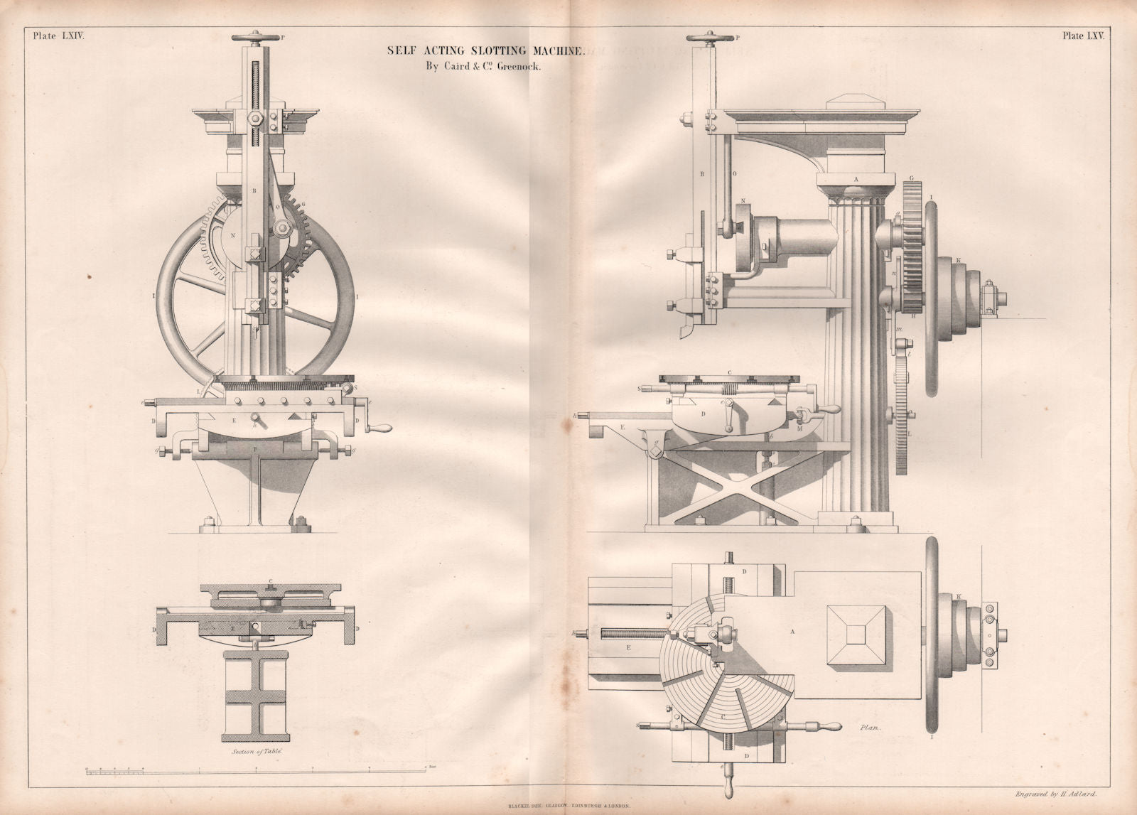 VICTORIAN ENGINEERING DRAWING. Self acting slotting machine. Caird & Co. 1847